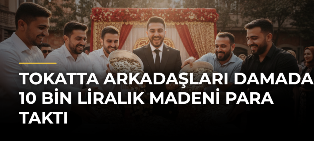Tokatta arkadaşları damada 10 bin liralık madeni para taktı