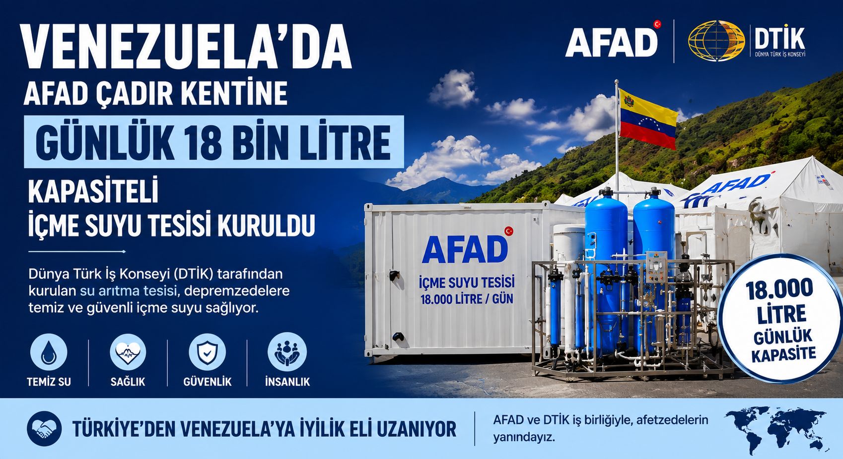 Venezuela’da, AFAD Çadır Kentine İçme Suyu Tesisi