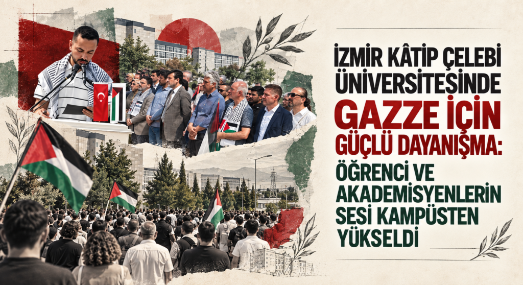 İZMİR KÂTİP ÇELEBİ ÜNİVERSİTESİNDE GAZZE İÇİN GÜÇLÜ DAYANIŞMA: ÖĞRENCİ VE AKADEMİSYENLERİN SESİ KAMPÜSTEN YÜKSELDİ