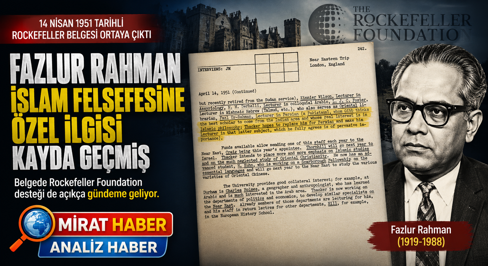 1951 tarihli Rockefeller belgesinde Fazlur Rahman detayı: İslam felsefesine özel ilgisi kayda geçirilmiş